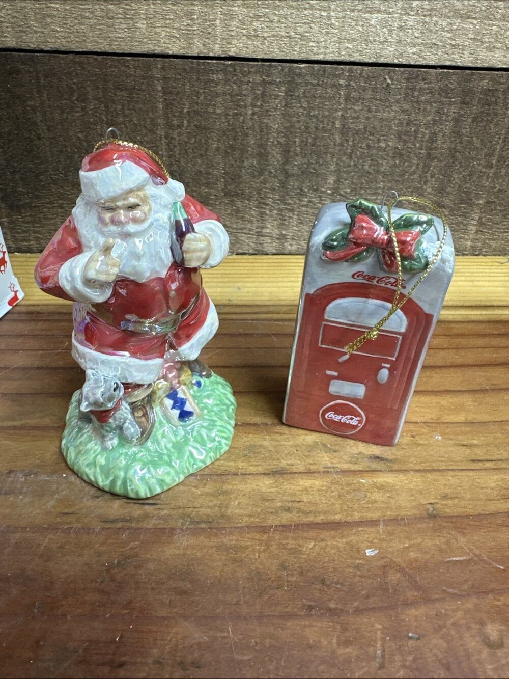 2005 Coca Cola Members Only Porcelain Ornament Set Santa & Coke Machine -in Box
